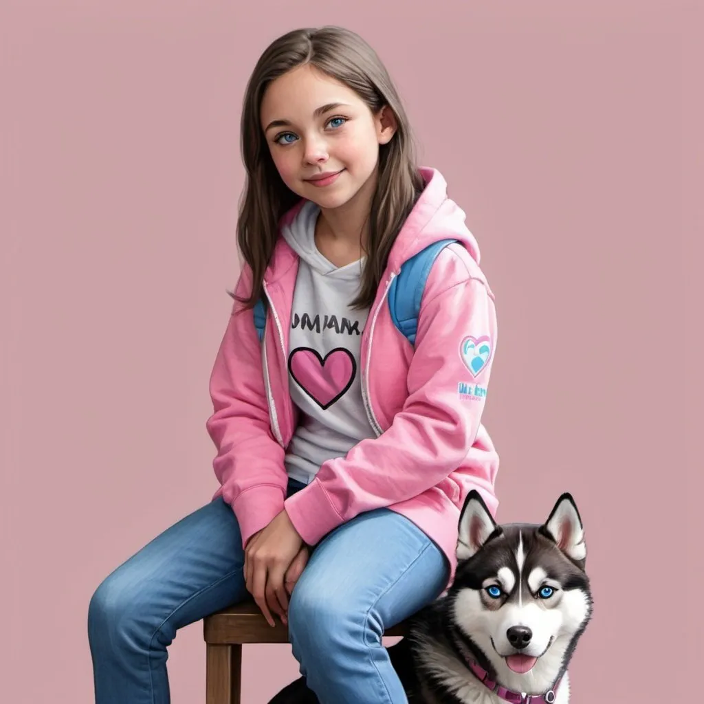 Prompt: drawing of Mya: girl, 5'2, short, white, shy/introverted posture, dancer build, mid length brown hair, blue eyes. Siberian husky service dog with pink vest sitting next to her. pink hoodie, light jeans with heart patches