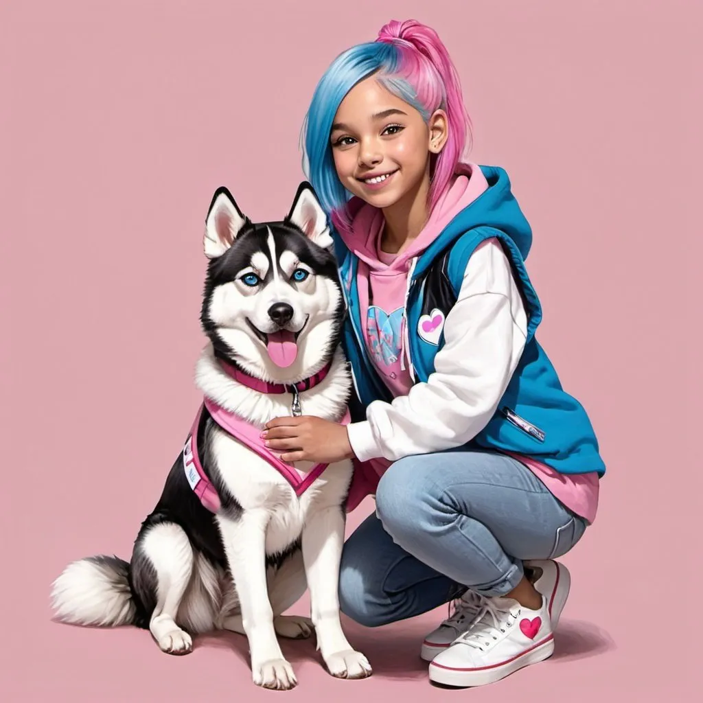 Prompt: drawing of Mya: 12 year old girl, 5'2, short, white, shy/introverted posture, dancer build, mid length split dyed blue and pink hair, blue eyes. Siberian husky service dog with pink vest sitting next to her. pink hoodie, light jeans with heart patches. smiling