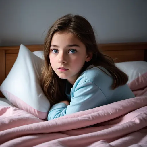 Prompt: a 14 year old girl with brown hair and blue eyes waking up in a bed with white pillows and a pink blanket. the only light is from a dim lamp. the girl looks like she has just woken up. shadowy picture