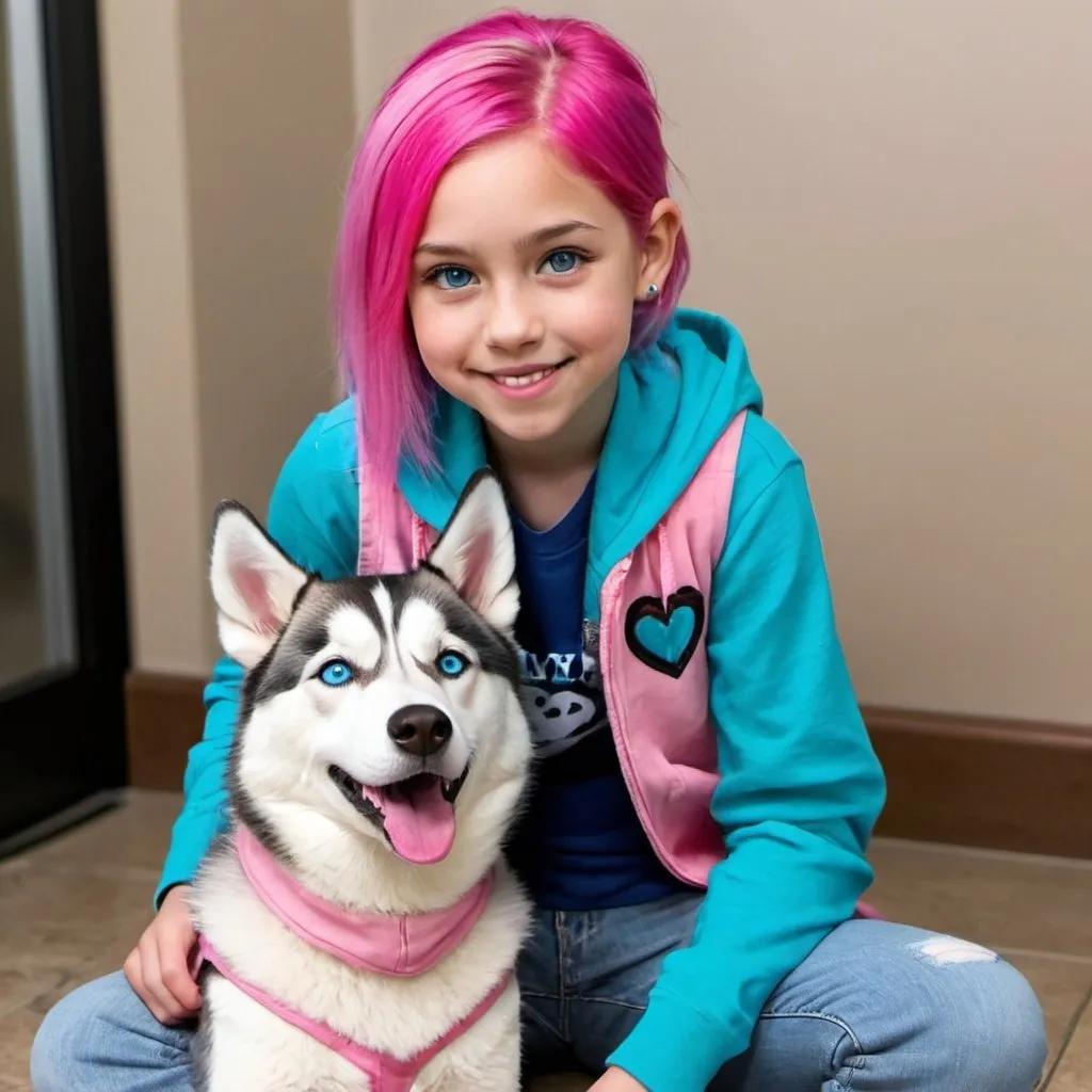 Prompt: drawing of Mya: 12 year old girl, 5'2, short, white, shy/introverted posture, dancer build, mid length split dyed blue and pink hair, blue eyes. Siberian husky service dog with pink vest sitting next to her. pink hoodie, light jeans with heart patches. smiling