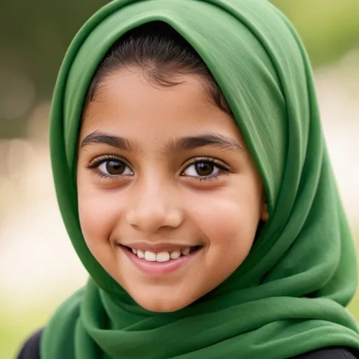 Prompt: drawing of Lyric: 12 year old female, american,  Muslim, brown eyes, smiling, green headscarf, pale skin