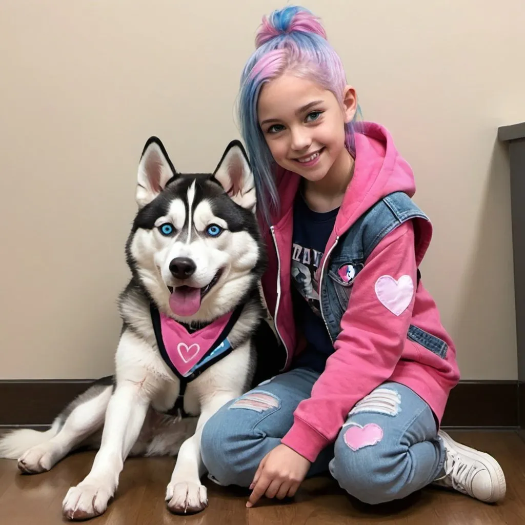 Prompt: drawing of Mya: 12 year old girl, 5'2, short, white, shy/introverted posture, dancer build, mid length split dyed blue and pink hair, blue eyes. Siberian husky service dog with pink vest sitting next to her. pink hoodie, light jeans with heart patches. smiling