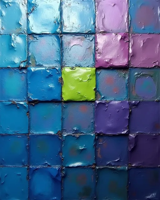 Prompt: abstract work, (grid squares), vibrant blue, vivid lime, deep purple, metallic silver, smooth gradients, dynamic composition, interplay of colors, artistic flair, high depth, dreamy ambiance, modern aesthetic, visually striking, captivating design, intriguing patterns, ultra-detailed, soothing yet energizing vibe, abstract expressionism.