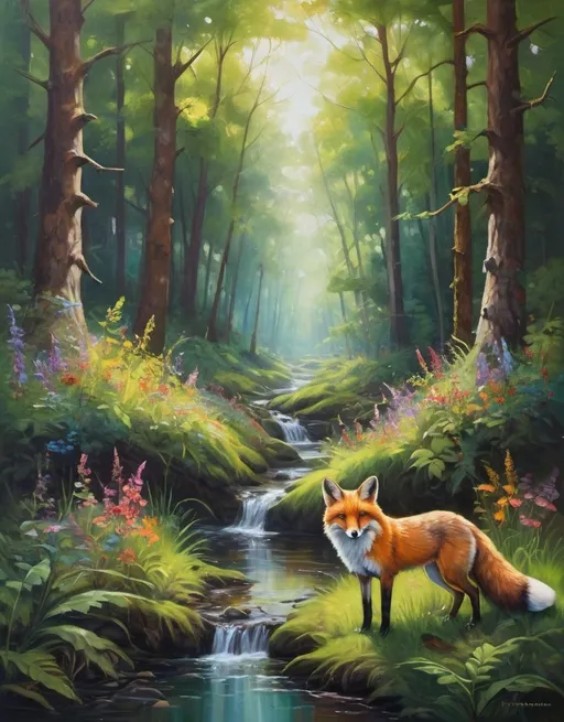 Prompt: Wide angle oil painting, (Mysterious forest clearing with vibrant wildlife:1.3), Rule of thirds composition, Lush greenery, Playful fox, (Dappled sunlight filtering through leaves:1.2), Gentle stream, Colorful flowers, (Serene atmosphere:1.2), Rich textures, Deep colors, Natural harmony.