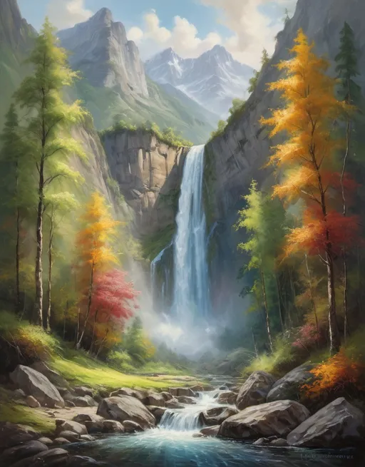 Prompt: Wide angle oil painting, (Serene landscape with cascading waterfall:1.3), Dynamic composition, Flowing water, Lush greenery, (Vibrant colors:1.2), Majestic mountains, Peaceful atmosphere, Rich depth and texture, (Intricate details:1.2), Bright sky, Glimmering reflections, (Timeless elegance:1.3), Stunning brush strokes, Artistic masterpiece, Ethereal beauty.