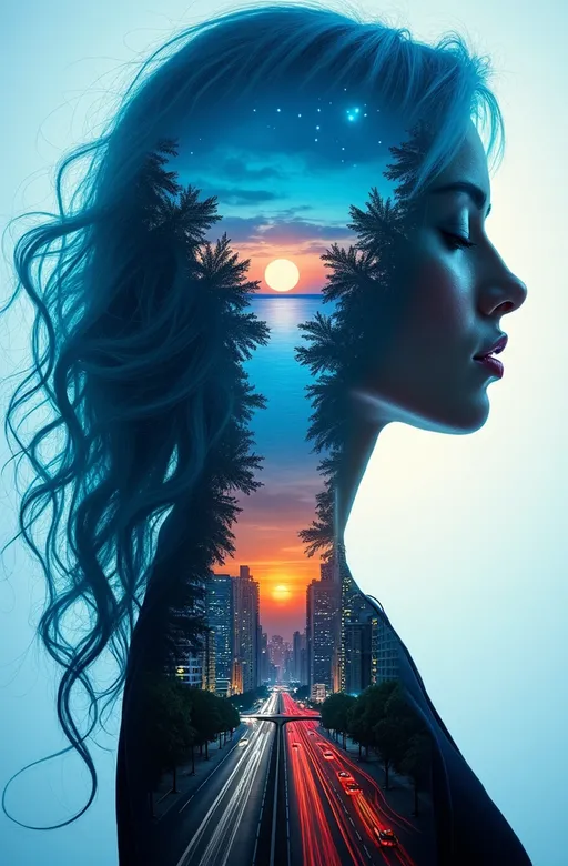 Prompt: An extraordinary surrealistic portrait featuring a woman with radiant blue hair that emits a captivating glow. Her silhouette showcases a serene landscape of a stunning sunset over a tranquil river, surrounded by tall trees. In stark contrast, the lower half of the image portrays a bustling urban landscape with towering skyscrapers, dazzling neon lights, and a busy highway. This striking composition masterfully captures the duality and intricate balance or conflict between nature and urbanization.