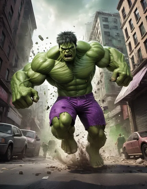 Prompt: Wide angle digital illustration, (Incredible Hulk smashing through city street:1.3), Chaotic composition, Massive green figure, Powerful muscles, (Ripped purple shorts:1.2), Crumbling buildings, Dust clouds rising, Explosive action, (Vibrant green:1.2), Shattered glass, Intense lighting, Dynamic movement, Bold color contrasts, Strong details.