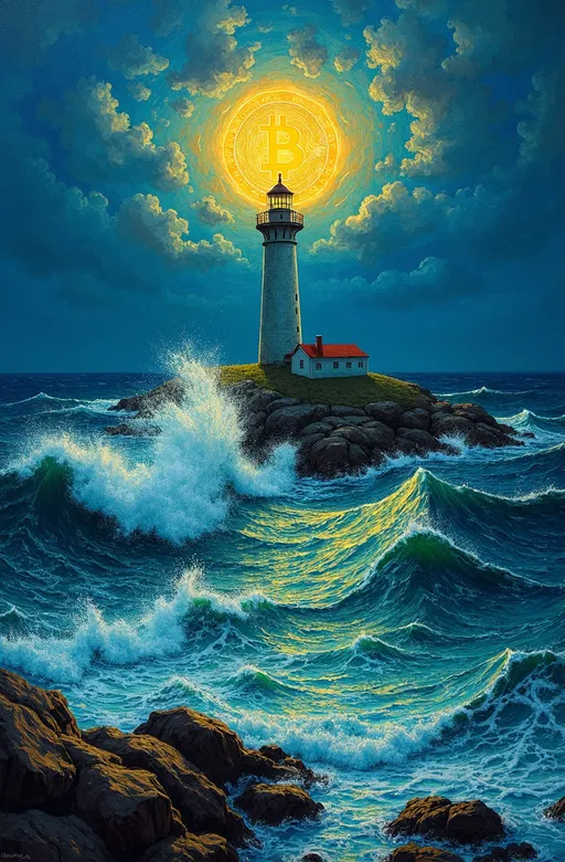 Prompt: (lighthouse on a stormy coast), (Van Gogh’s dramatic style), light beam shaped like a glowing Bitcoin, illuminating vibrant waves, rich blues and greens, expressive brushstrokes, swirling textures, turbulent sky, emotional ambiance, high detail, dramatic lighting, vivid contrasts, captivating scenery, masterpiece painting, dynamic movement in water, surreal atmosphere.