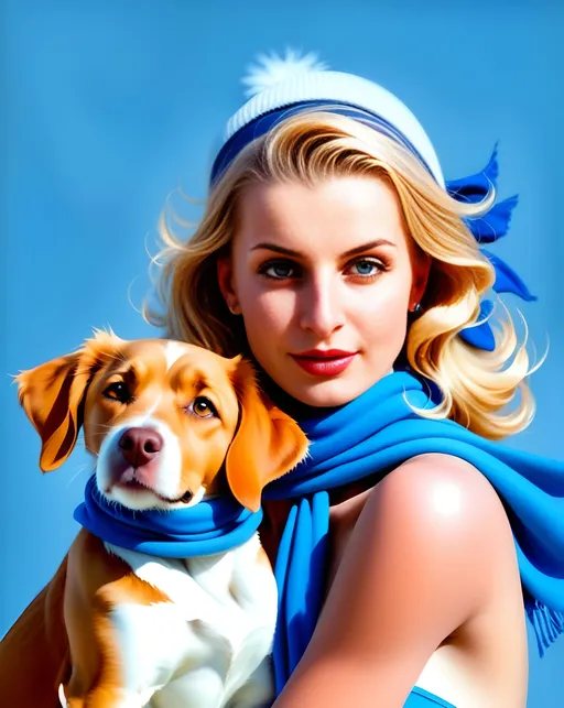 Prompt: amazing blonde milf woman with a dog wearing a blue hat and a blue scarf on her neck and a blue background, Gil Elvgren, sharp focus, art photography, highly detailed digital painting, a pop art painting