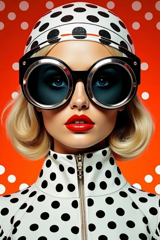 Prompt: (woman wearing a polka dot hat and goggles, polka dot top), vibrant red background, inspired by (pop art), capturing (fashion photography) essence, colorful and bold design elements, high contrast and strong lines, flashy and energetic atmosphere, (2D art style), (ultra-detailed), masterpiece of contemporary fashion aesthetics.