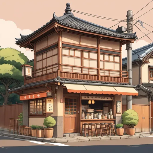 Prompt: 2D Studio Ghibli anime illustration of a japanese small restaurant building, front view, one side, cute and inviting, hand-drawn style, warm and cozy atmosphere, detailed textures, high quality, detailed, warm tones, anime, Studio Ghibli, cute, charming, hand-drawn, cozy atmosphere, inviting, detailed textures, professional, warm lighting, high resolution