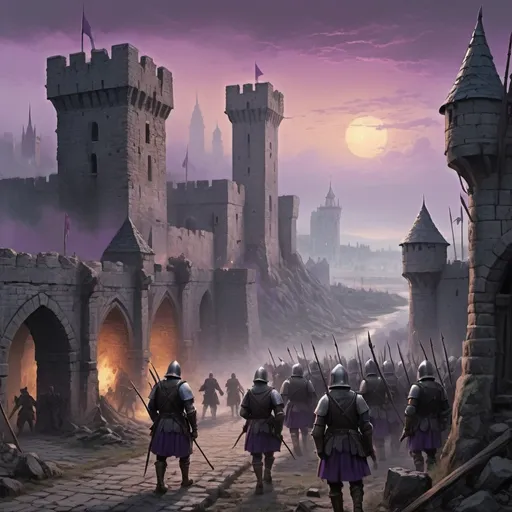 Prompt: A landscape scene of a fantasy medieval city wall and guard garrison. In the foreground an armed guard with a longbow is at the top of a tower. In the middleground, a group of worn and soot covered soldiers march toward the gate. In the background is the skyline of the ruined city. A purple foggy haze hovers over the apocalyptic landscape.