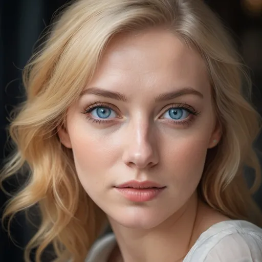 Prompt: A blonde woman with blue eyes, in the style of natural and timeless beauty, 32k uhd, blink-and-you-miss-it detail, voigtlander bessa r2m, light orange and grey, captivating and sensual lighting