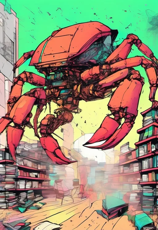 Prompt:  a giant robotic crab with big claws destroying a library
