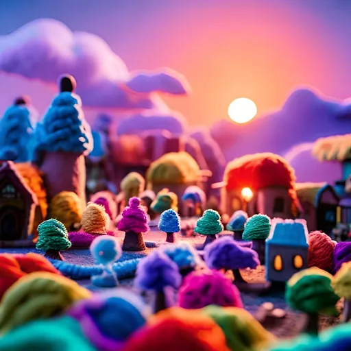 Prompt: Sunset over imaginary toy village made of colorful yarn