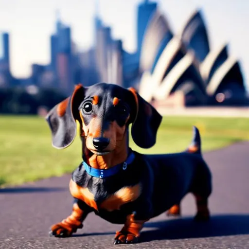 Prompt: a dachshund driving a car and the background is Australia Sydney  [ high quality background ]    