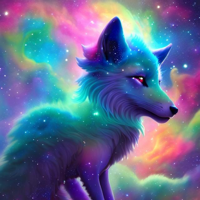 Prompt: A translucent kyūbi no kitsune that is glowing, black and blue fur, nebula, glitter, in the den, beneath the stars, bioluminescent, highres, best quality, concept art