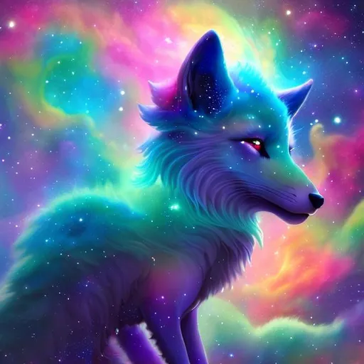 Prompt: A translucent kyūbi no kitsune that is glowing, black and blue fur, nebula, glitter, in the den, beneath the stars, bioluminescent, highres, best quality, concept art