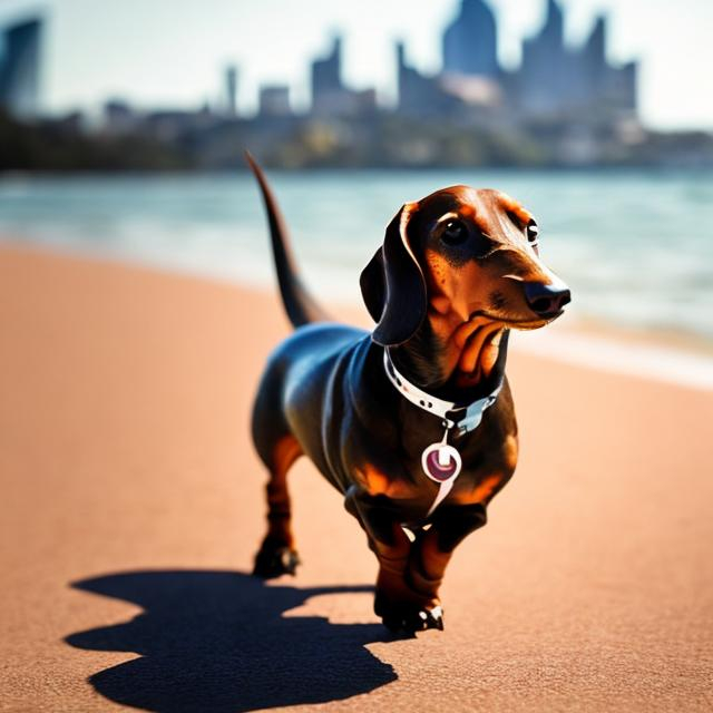 Prompt: a dachshund walking  and the background is Australia Sydney [ high quality background ]