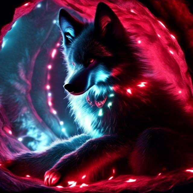 Prompt: A cute red and black glowing fur wolf sitting in a den a night high quality glow