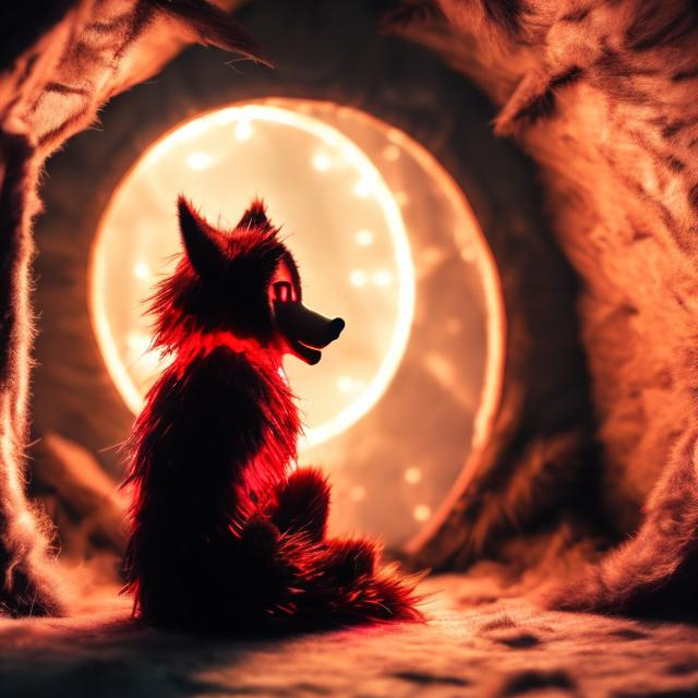 Prompt: A cute red and black glowing fur wolf sitting in a den a night high quality lights 