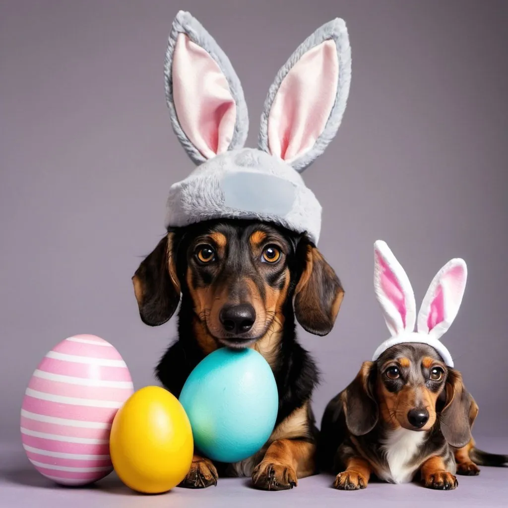 Prompt: A wolf with bunny ears hat and a dachshund next to a easter egg