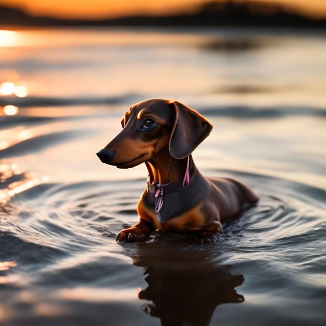 Prompt: pretty cute dachshund 
taking a bath in front of a sunset