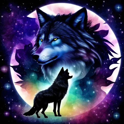 Prompt: A midnight  
wolf sitting in a felid pastel colors, stain glass background effect, petals swirling in the air, patterns of constellations cover his fur, neat and clean tangents, in HDR