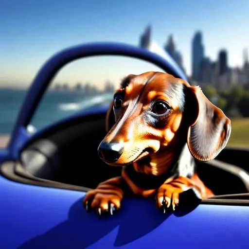 Prompt: a dachshund driving a car and the background is Australia Sydney  [ high quality background ]    