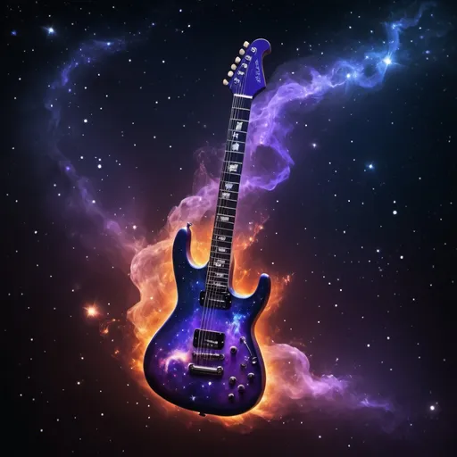 Prompt: Stars constellation in the shape of an electric guitar. Contrast background of deep-space nebulae, dominant colors of violet, blue, and orange. gentle flames around.