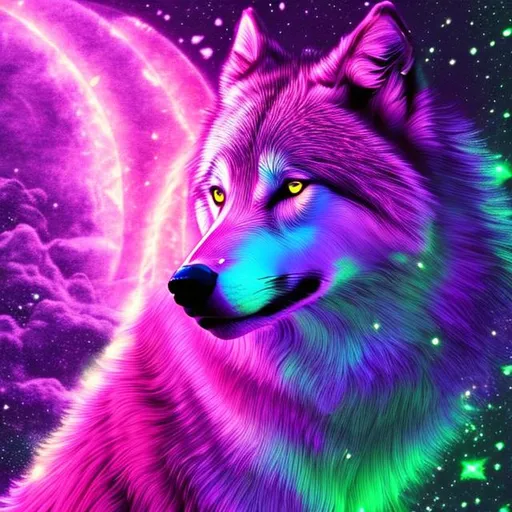 Prompt: A wolf  that is glowing, in a den, realistic, bioluminescent, metallic,  glitter, highres, best quality, concept art