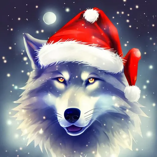Prompt: A wolf wearing a Santa hat cute fanart high high quality lights and very realistic and it looks drawn

