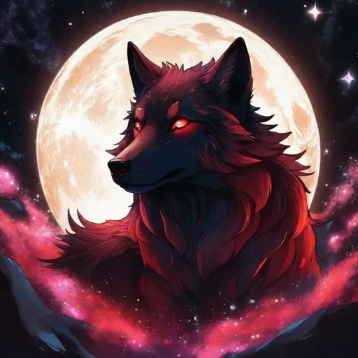 Prompt: A wolf  no kitsune that is glowing, black and red  fur, nebula, glitter, in the den, beneath the stars, bioluminescent, highres, best quality, concept art