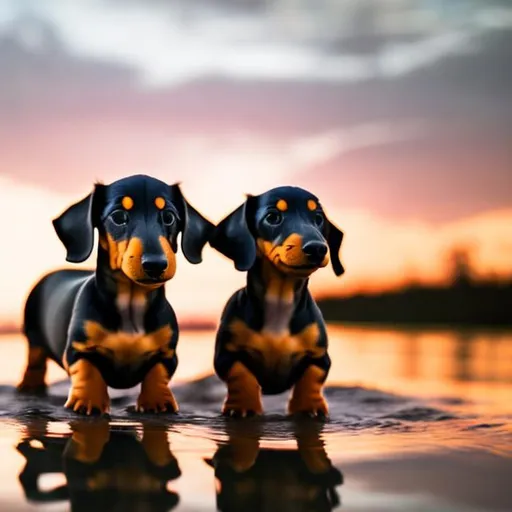 Prompt: pretty cute dachshund puppies taking a bath in front of a sunset