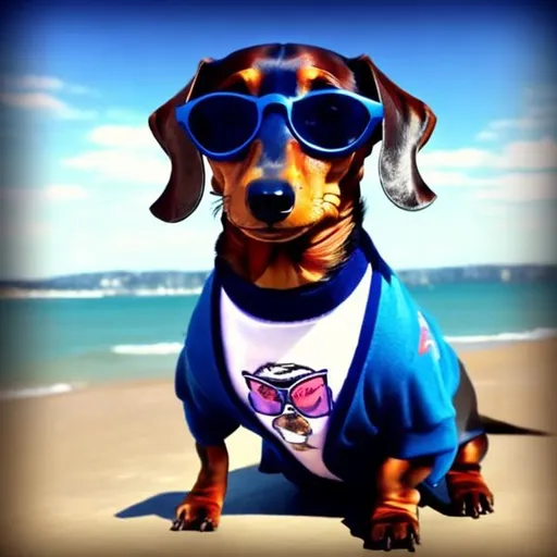 Prompt: a dachshund wearing Deal With It Glasses | Cool glasses, Thug life, Thug life meme and the dachshund is driving a car and the background is Australia [ high quality background      