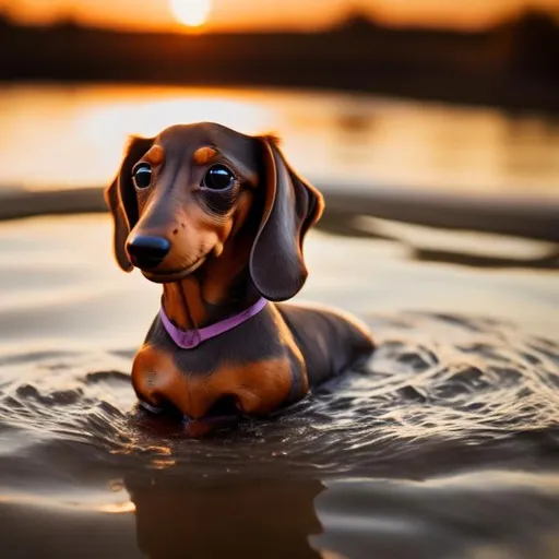 Prompt: pretty cute dachshund 
taking a bath in front of a sunset