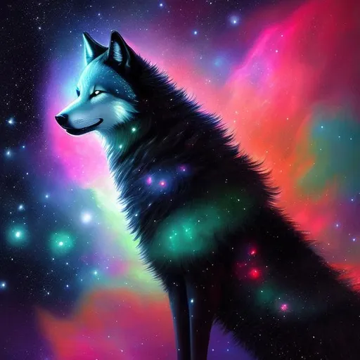 Prompt: portrait of A  wolf no kitsune that is glowing, black and red fur, nebula, glitter, in the den, beneath the stars, bioluminescent, highres, best quality, concept art