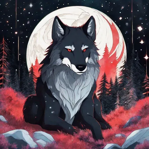 Prompt: A wolf  no kitsune that is glowing, black and red  fur, nebula, glitter, in the den, beneath the stars, bioluminescent, highres, best quality, concept art