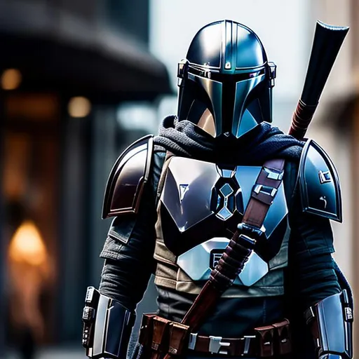 Prompt: selfie of the mandalorian, (((full body visible))), looking at viewer, portrait, photography, detailed skin, realistic, photo-realistic, 8k, highly detailed, full length frame, High detail RAW color art, piercing, diffused soft lighting, shallow depth of field, sharp focus, hyperrealism, cinematic lighting, full body