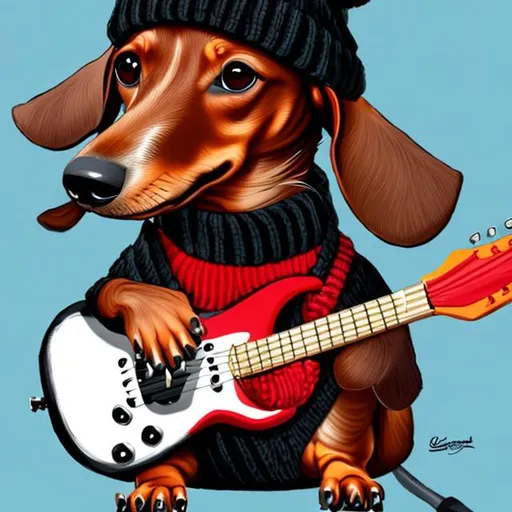 Prompt: A dachshund wearing a black beanie playing a guitar wearing a red and black jacket cute dachshund fanart 