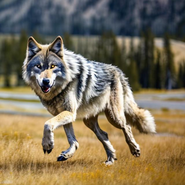 Prompt: A wolf running around in Yellowstone national Park 