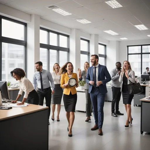 Prompt: An image depicting a cheerful office environment. Employees are seen smiling as they prepare to leave work early. Some are gathering their belongings, while others are saying goodbye to their colleagues. The office is modern and bright, with large windows letting in plenty of natural light. In the background, a clock shows it's earlier than usual quitting time. The atmosphere is light-hearted and celebratory, capturing the essence of National Leave the Office Early Day.