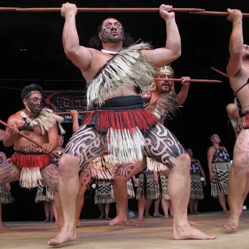 Prompt: A man doing the haka with a pukana