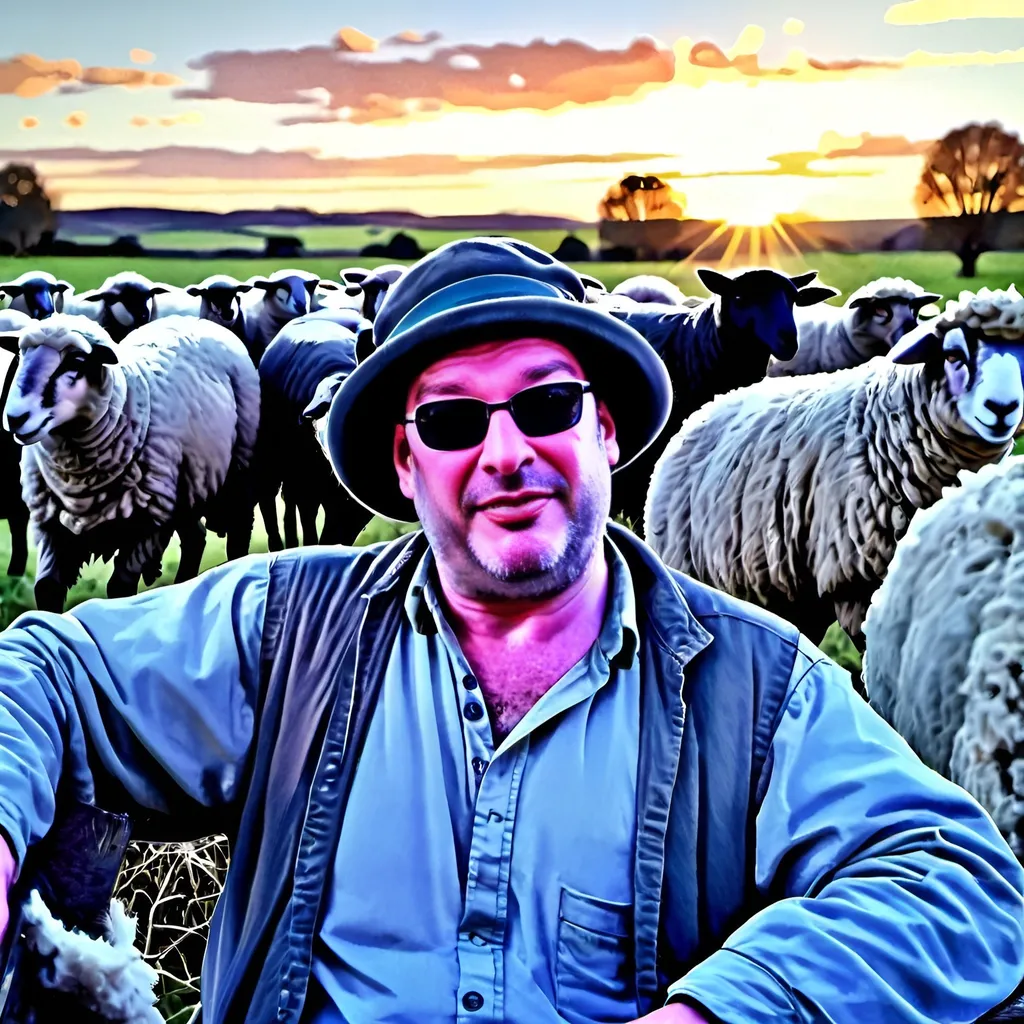 Prompt: Drunken shepherd Degsy tending sheep, traditional painting, pastoral setting, detailed facial features, realistic, warm tones, sunset lighting, cozy atmosphere, pint of beer, rustic charm, high quality, traditional art, detailed sheep, jovial expression, countryside, realistic style