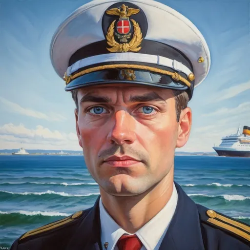 Prompt: painting of an 30 year old cruise ship captain with serious eyes standing looking into the sea, 1990. vivid colors, spring in the Netherlands