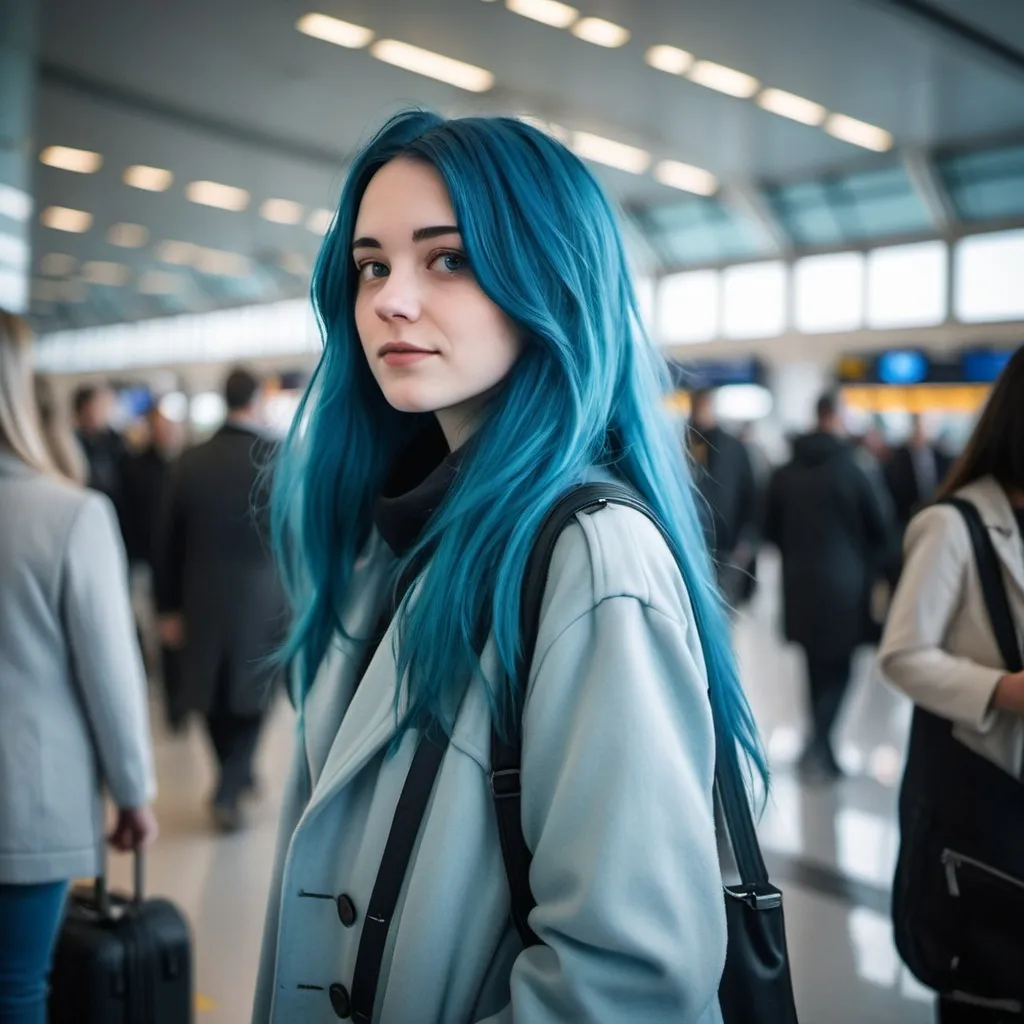 Prompt: A grown up girl having blue hair standing in airport wearing coat. Long hair