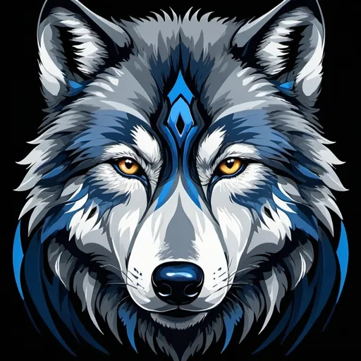 Prompt: (wolf face design), intricate and fierce wolf facial features, bold lines and shading, vibrant colors (black, grey, white, deep blue accents), modern graphic style, powerful gaze, stylized fur texture, suitable for t-shirt printing, high quality, striking and eye-catching, perfect for animal lover apparel.