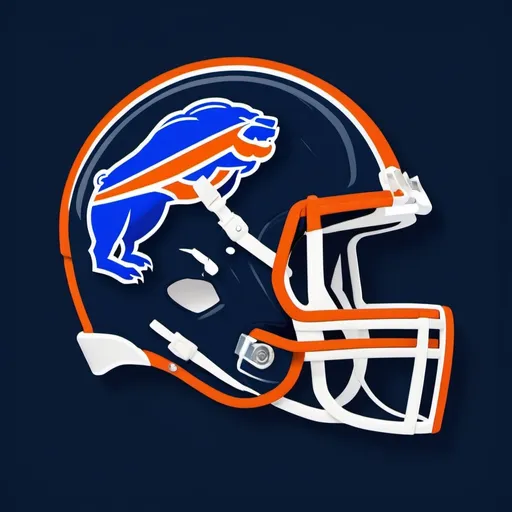 Prompt: (Team logo design), football helmet (inspired by Chicago Bears and Buffalo Bills), bold colors, (navy blue and orange accents), sleek and modern design, creative integration of bear and buffalo elements, intricate detailing, (dynamic and sporty ambiance), strong lettering, appealing visuals for branding, high definition quality, (professional and vibrant).