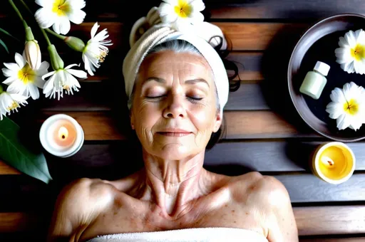 Prompt: 60 year old mature woman lying on her back on a wood deck background, relaxing with her eyes closed in a SPA amidst few aesthetic and aromatic products and white flowers, top view, 
