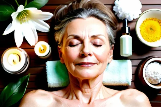 Prompt: realistic style, 60 year old mature woman lying on her back on a light background, relaxing with her eyes closed in a SPA amidst few aesthetic and aromatic products and white flowers, top view, light background, soft tones
